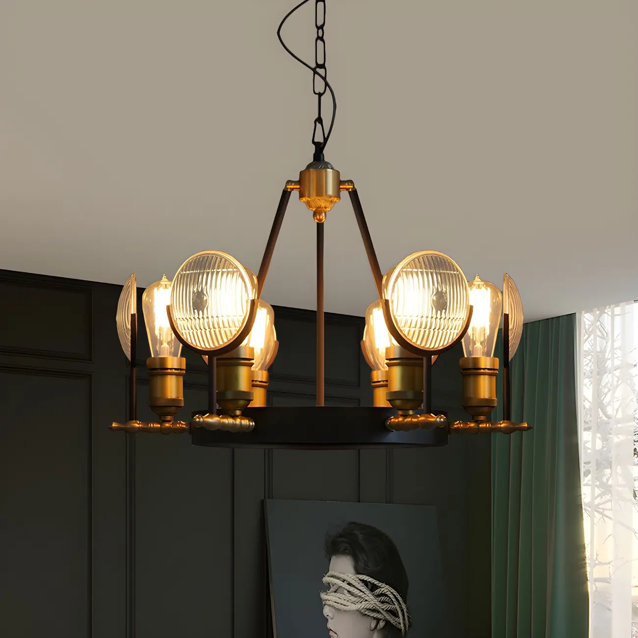 Grid Glass Lens Chandelier Lamp Vintage 6/9/12 Lights Restaurant Hanging Light Kit in Black | homeyfad