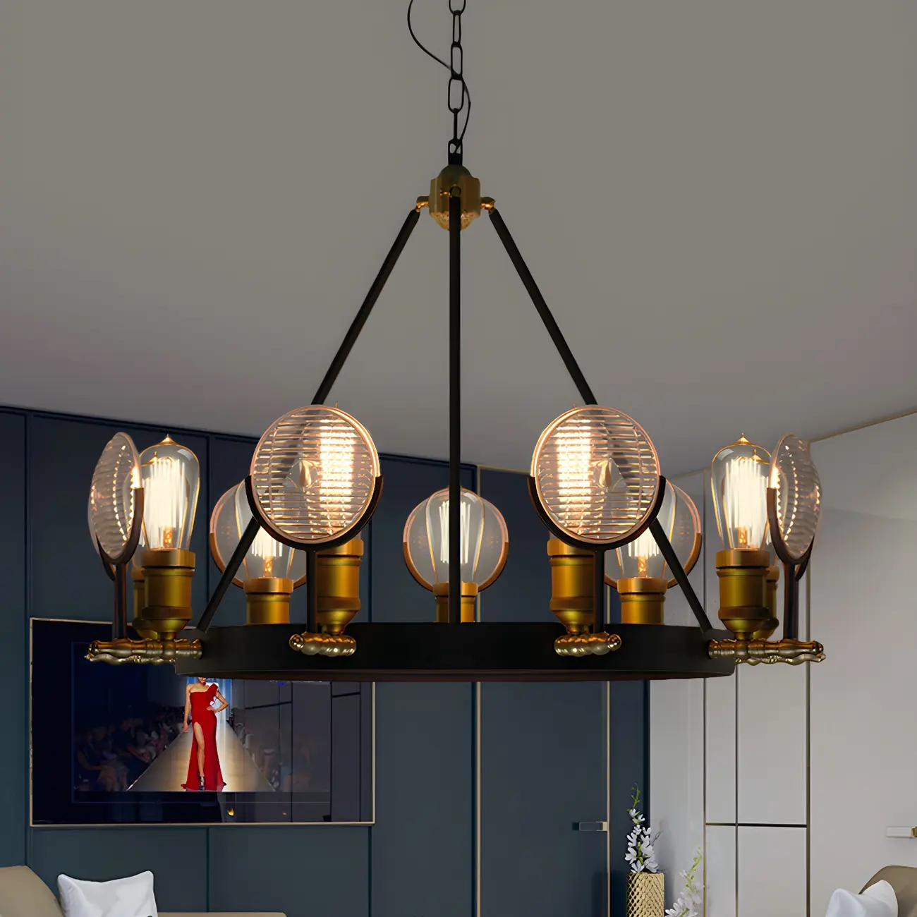 Grid Glass Lens Chandelier Lamp Vintage 6/9/12 Lights Restaurant Hanging Light Kit in Black | homeyfad