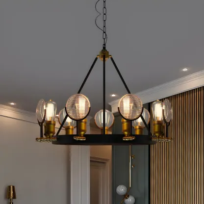 Grid Glass Lens Chandelier Lamp Vintage 6/9/12 Lights Restaurant Hanging Light Kit in Black