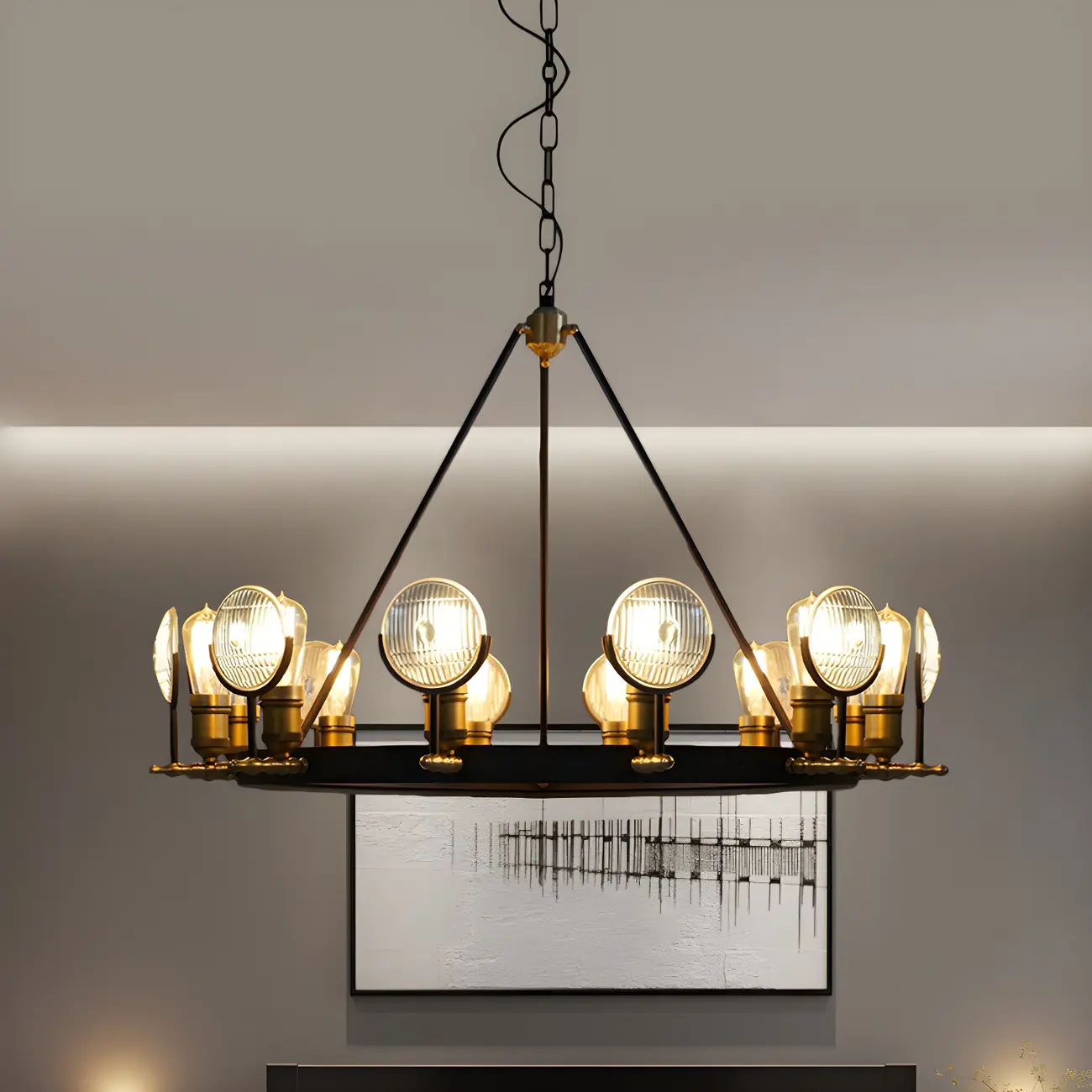 Grid Glass Lens Chandelier Lamp Vintage 6/9/12 Lights Restaurant Hanging Light Kit in Black | homeyfad