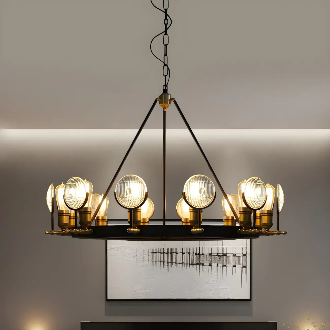 Grid Glass Lens Chandelier Lamp Vintage 6/9/12 Lights Restaurant Hanging Light Kit in Black