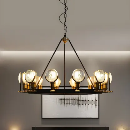 Grid Glass Lens Chandelier Lamp Vintage 6/9/12 Lights Restaurant Hanging Light Kit in Black