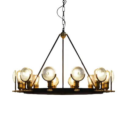 Grid Glass Lens Chandelier Lamp Vintage 6/9/12 Lights Restaurant Hanging Light Kit in Black