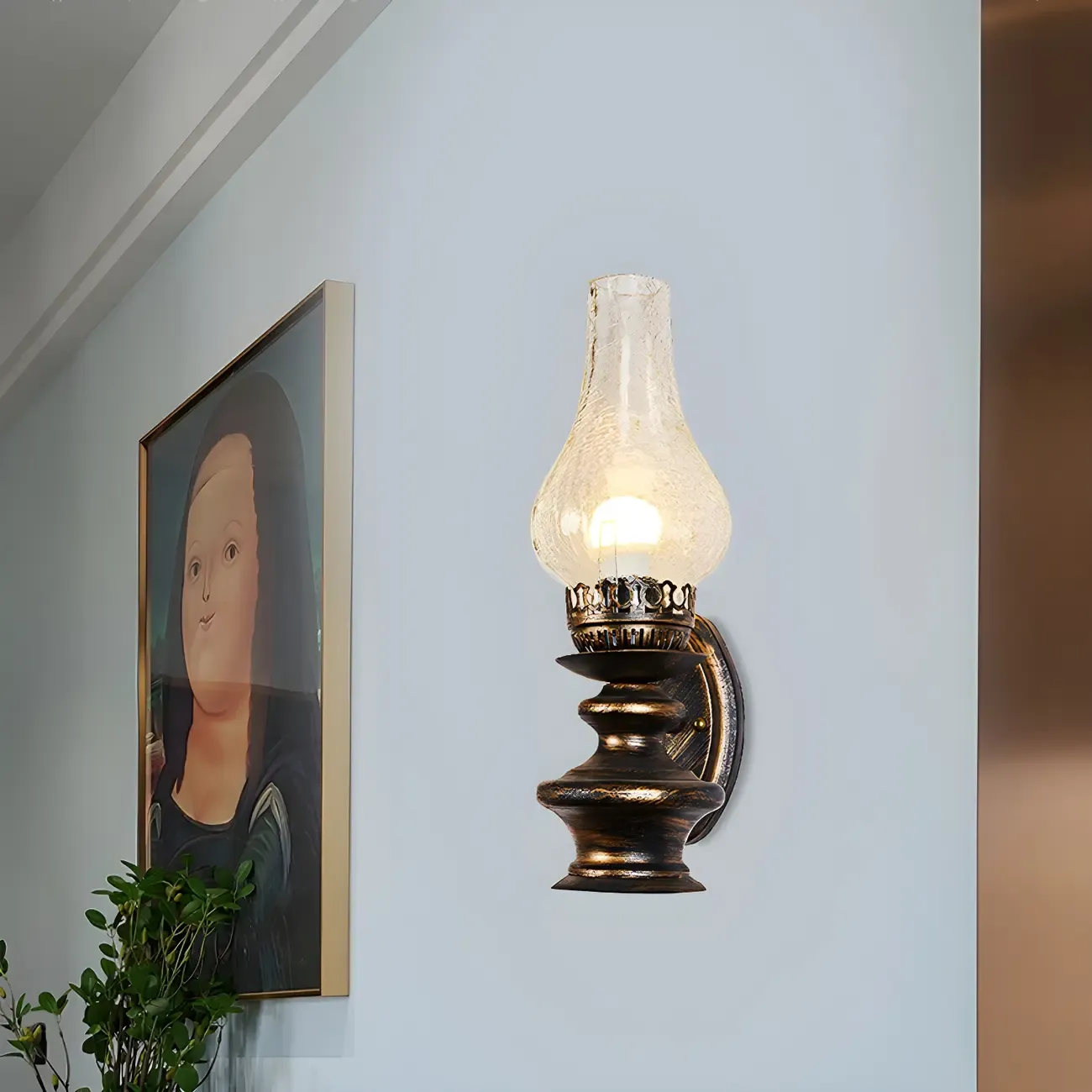 Vintage Crackle Glass Brass Wall Sconce Light Fixture Image - 1