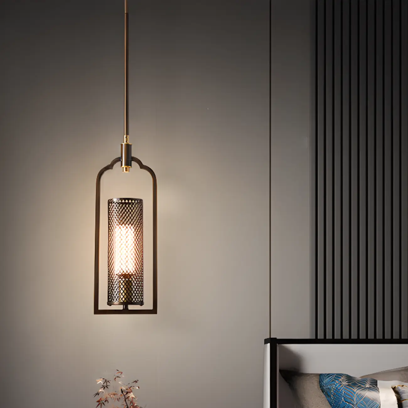 Antique Brass Cylinder Pendant Light with Copper Mesh Shade | homeyfad