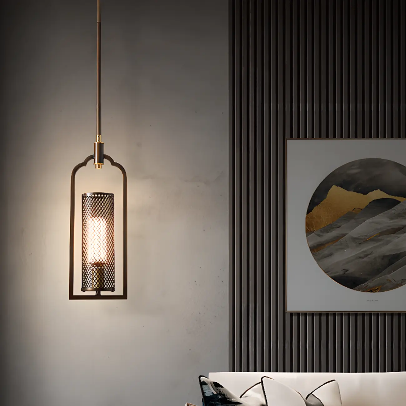 Antique Brass Cylinder Pendant Light with Copper Mesh Shade | homeyfad