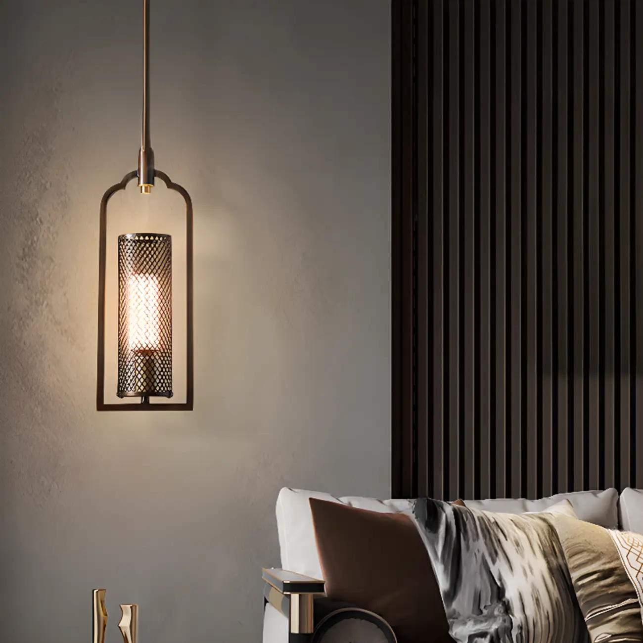 Antique Brass Cylinder Pendant Light with Copper Mesh Shade | homeyfad