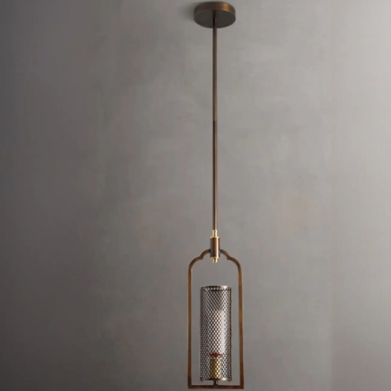 Antique Brass Cylinder Pendant Light with Copper Mesh Shade | homeyfad