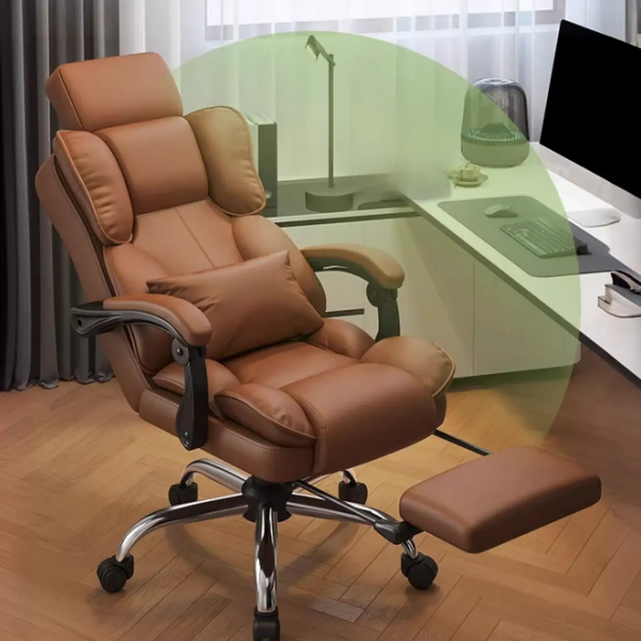 Ergonomic Brown Leather Reclining Upholstered Office Chair Image - 1 | homeyfad