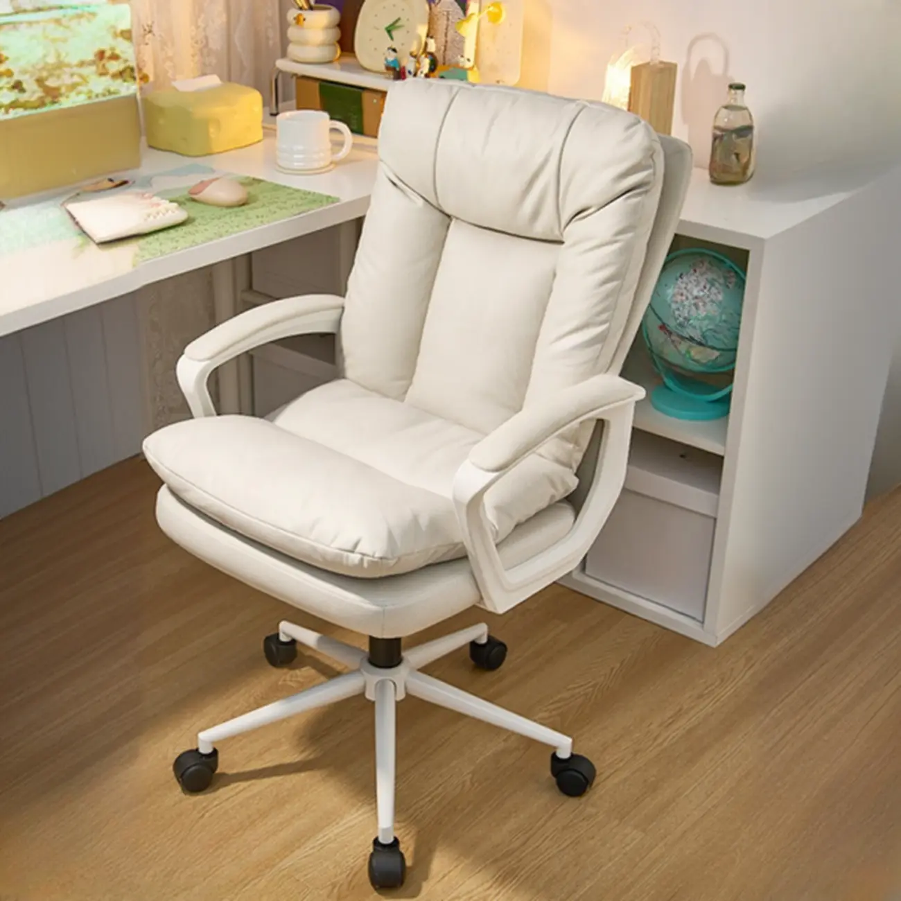 Trendy Cream Leather Padded Swivel Office Chair Image - 3 | homeyfad