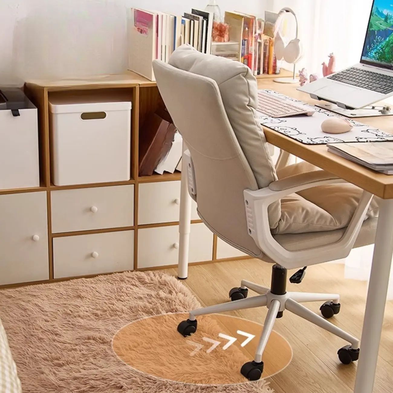 Trendy Cream Leather Padded Swivel Office Chair Image - 8 | homeyfad