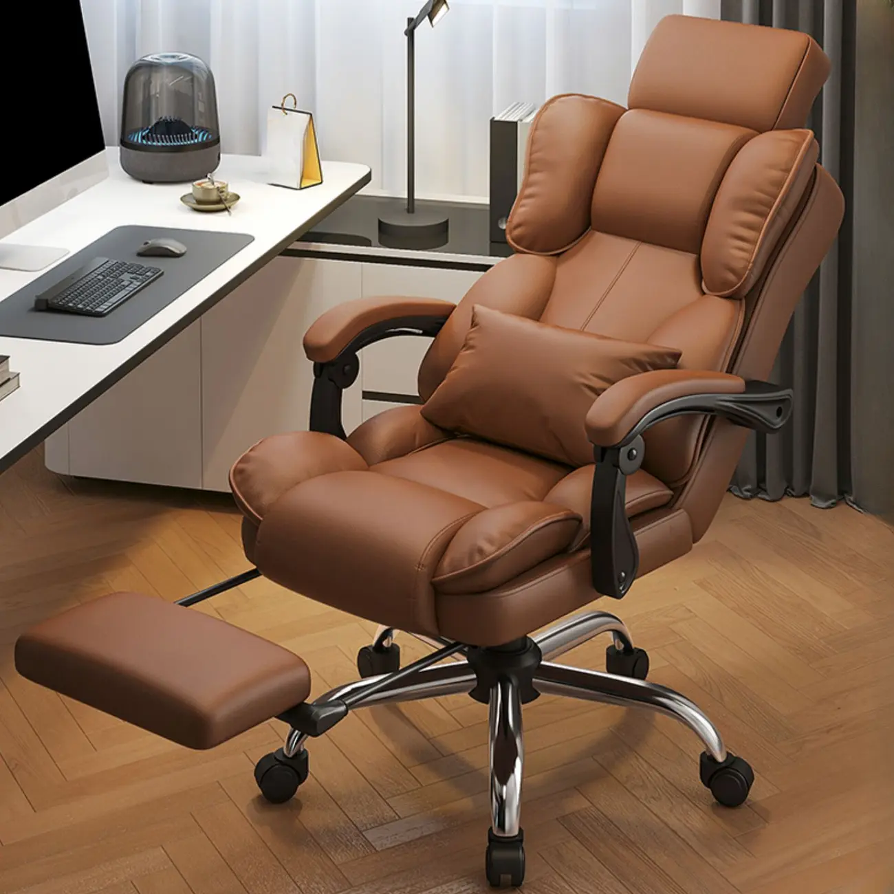 Ergonomic Brown Leather Reclining Office Chair Image - 15 | homeyfad