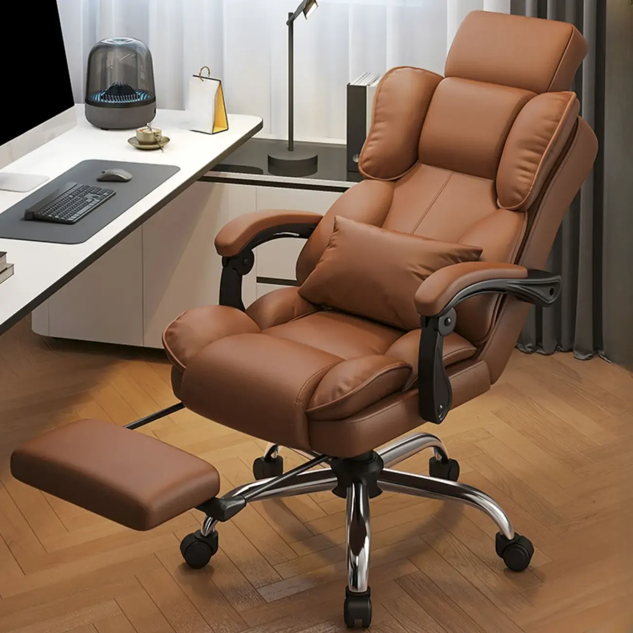 Ergonomic Brown Leather Reclining Office Chair Image - 15