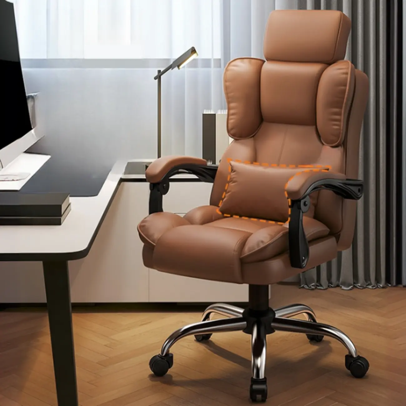 Ergonomic Brown Leather Reclining Office Chair Image - 3 | homeyfad