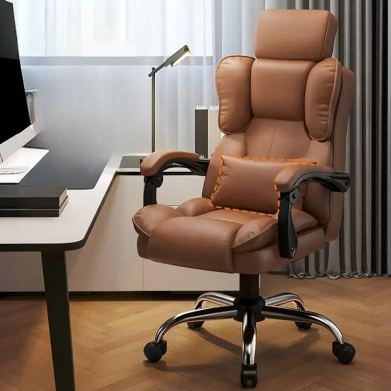 Ergonomic Brown Leather Reclining Office Chair Image - 2