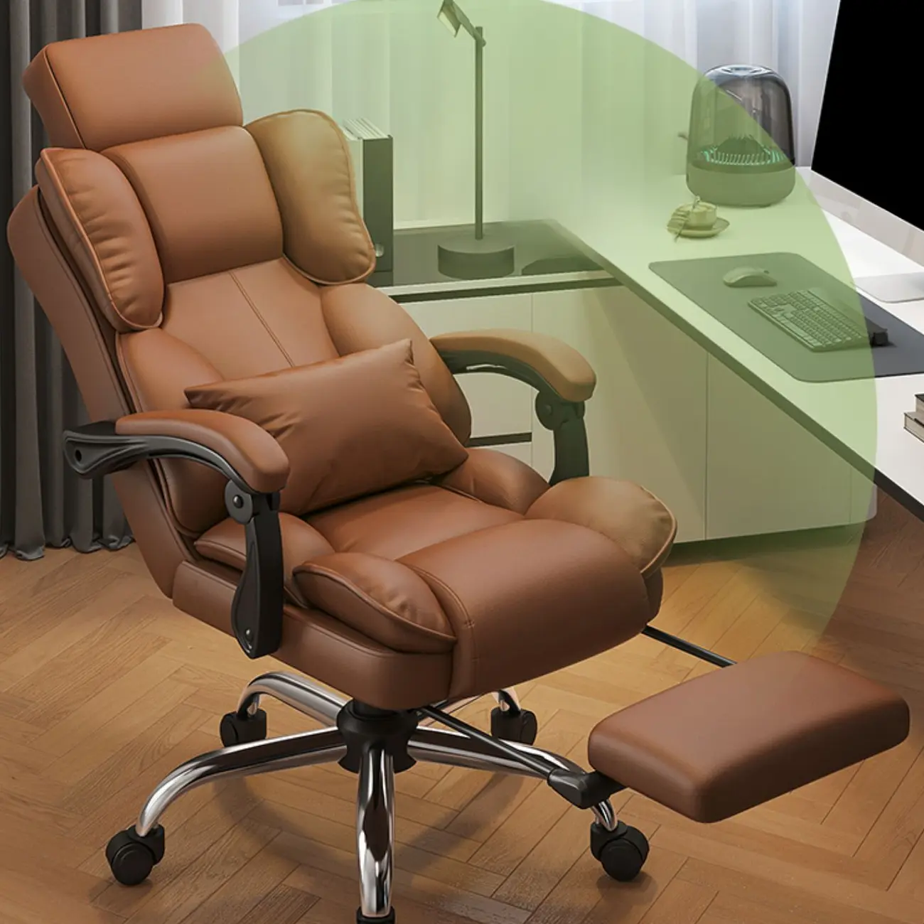 Ergonomic Brown Leather Reclining Office Chair Image - 4 | homeyfad