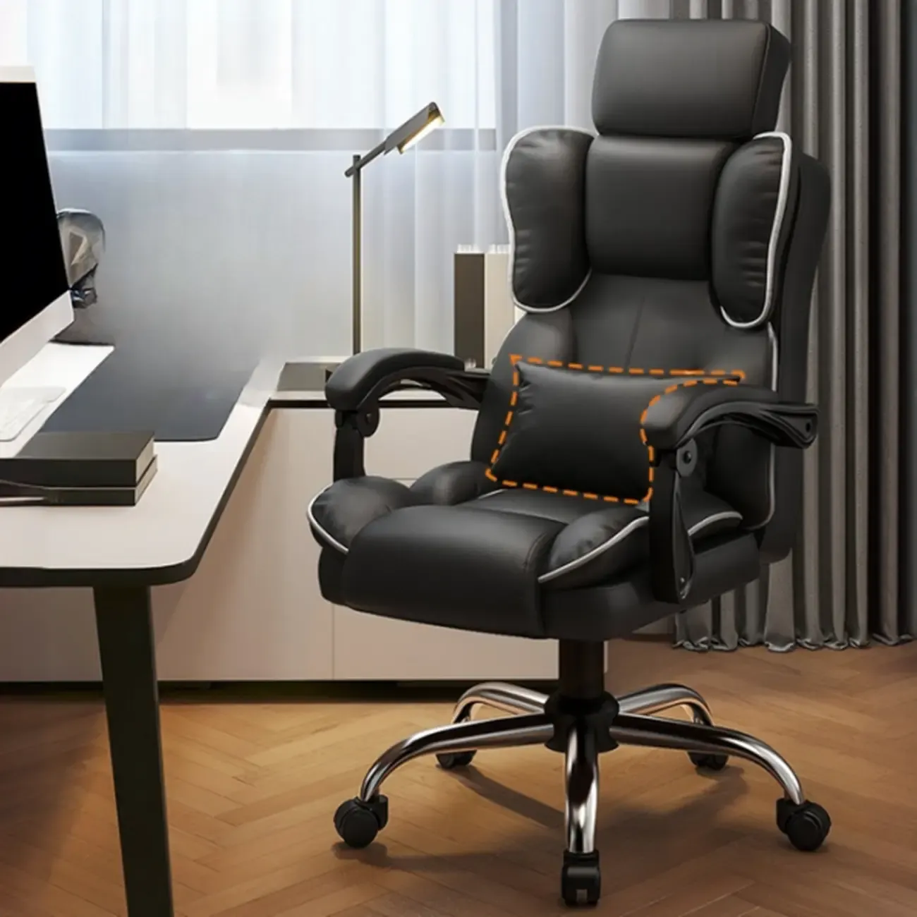 Ergonomic Brown Leather Reclining Office Chair Image - 3