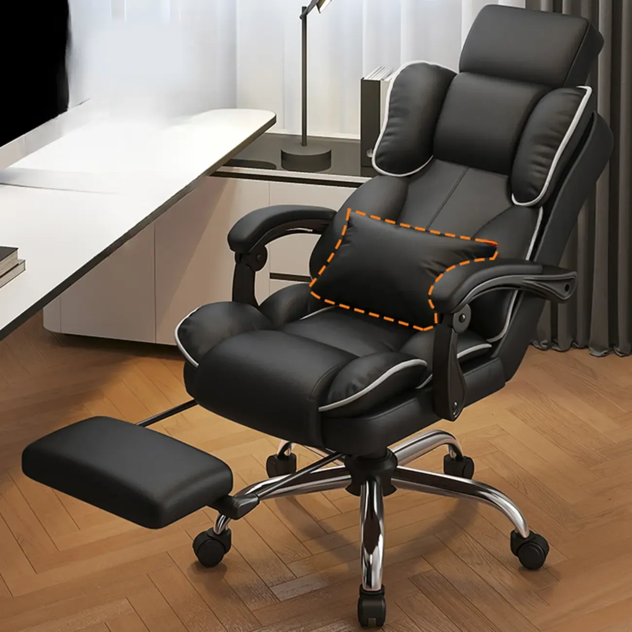 Ergonomic Brown Leather Reclining Office Chair Image - 7