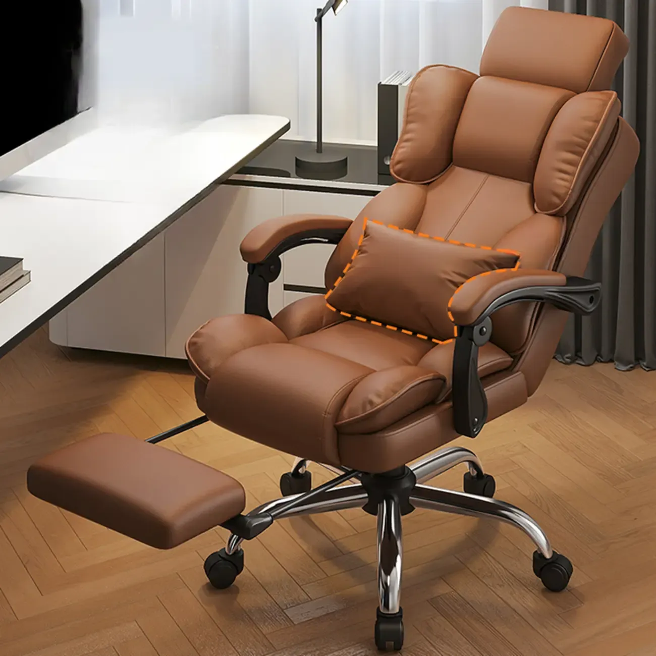 Ergonomic Brown Leather Reclining Office Chair Image - 11