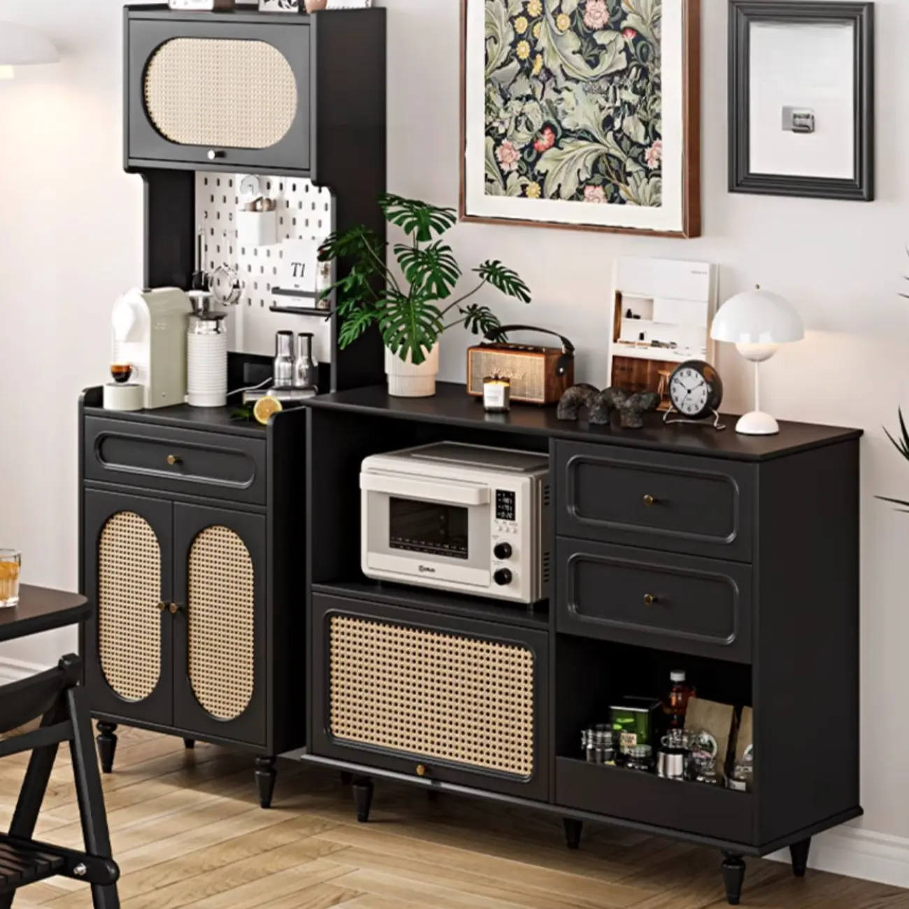 Black Rattan Kitchen Storage Sideboard with Drawers Image - 1 | homeyfad