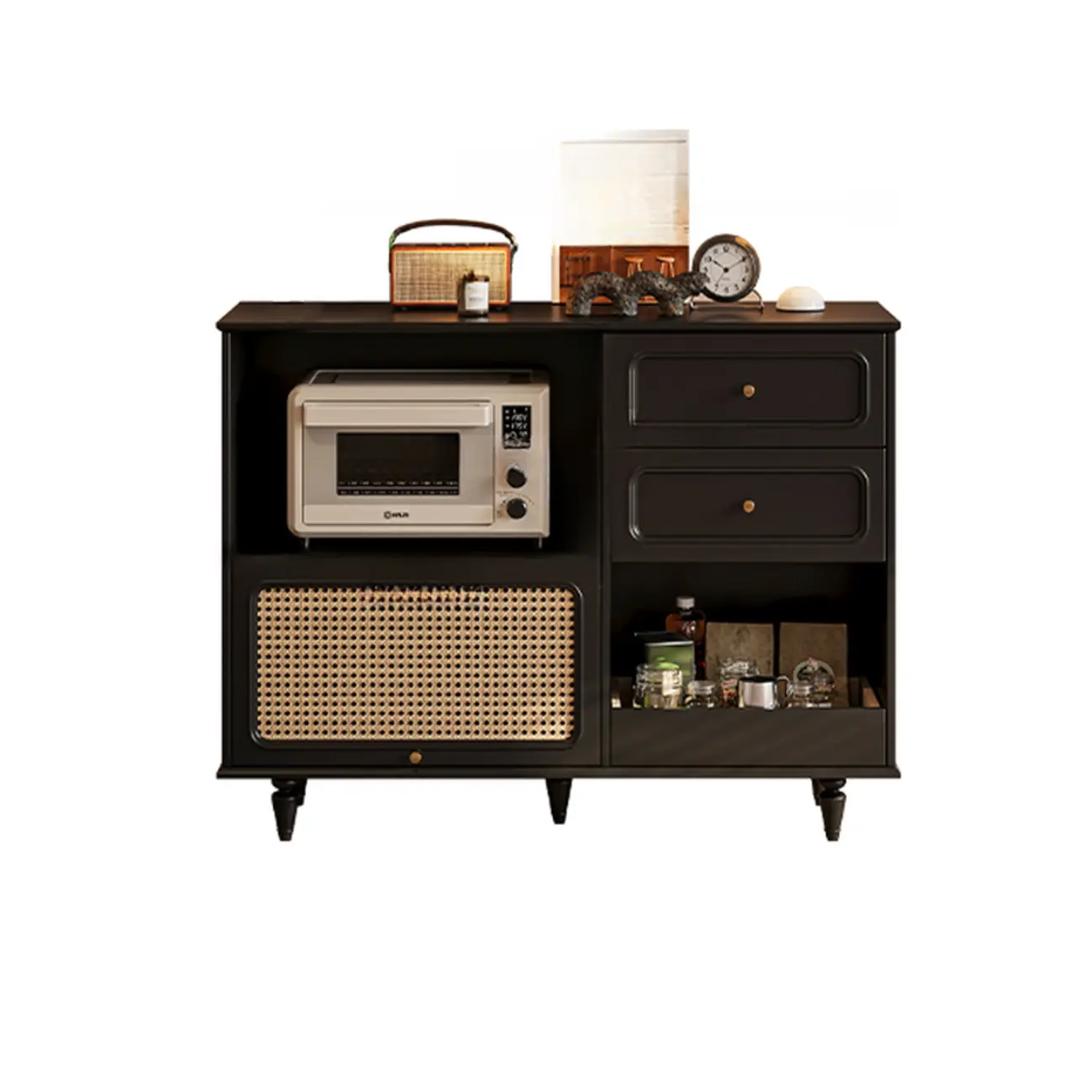 Black Rattan Kitchen Storage Sideboard with Drawers Image - 5 | homeyfad