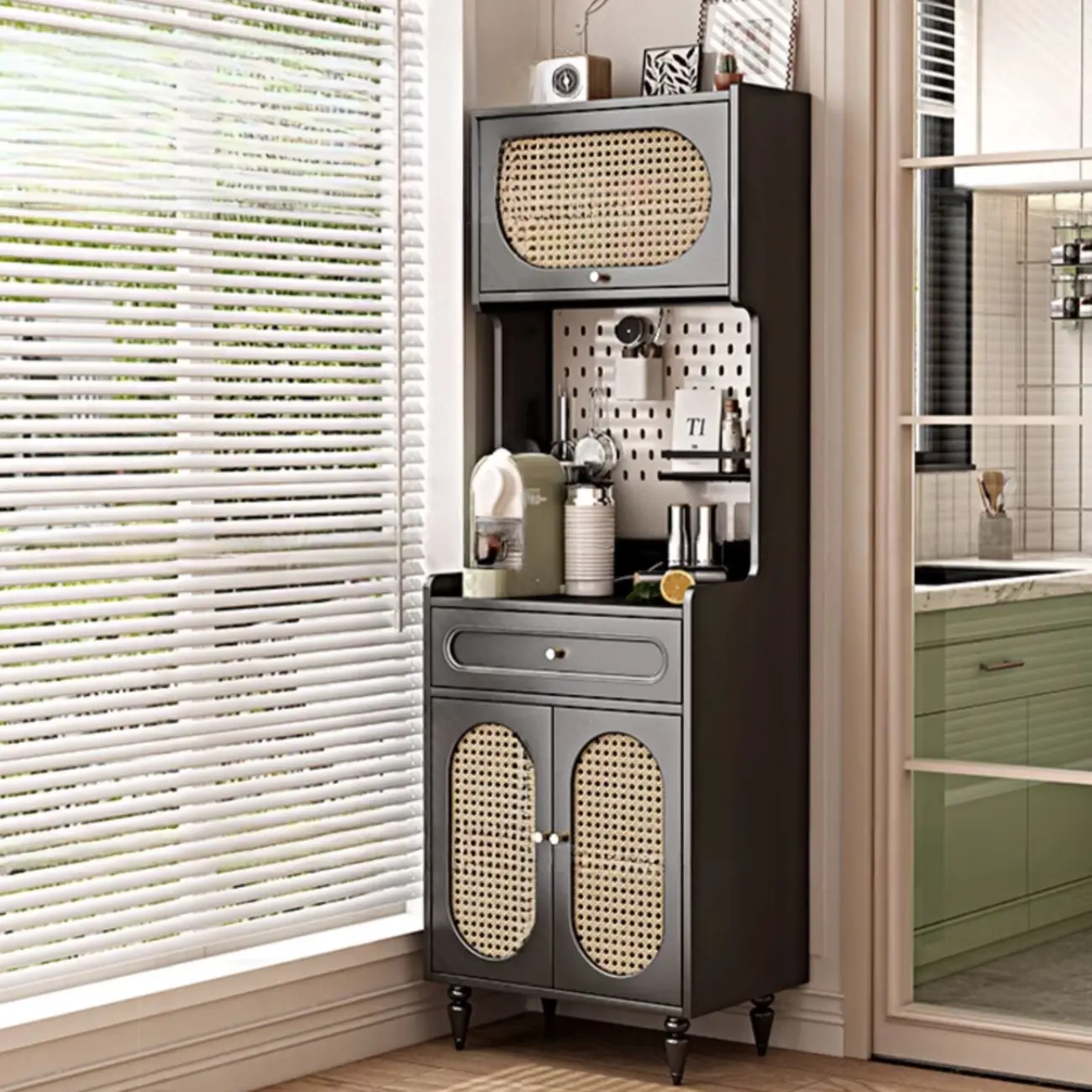 Black Rattan Kitchen Storage Sideboard with Drawers Image - 2 | homeyfad