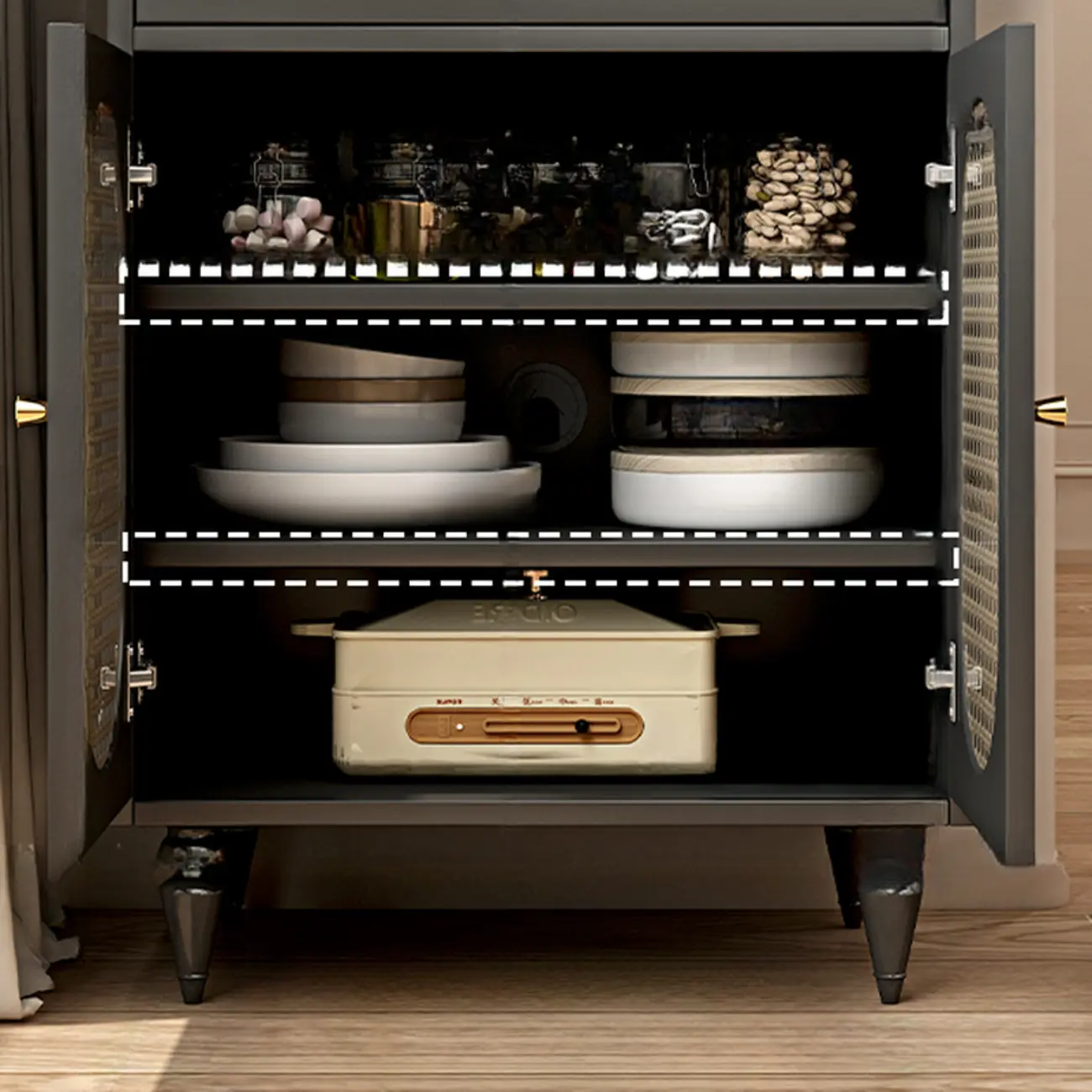 Black Rattan Kitchen Storage Sideboard with Drawers Image - 14 | homeyfad