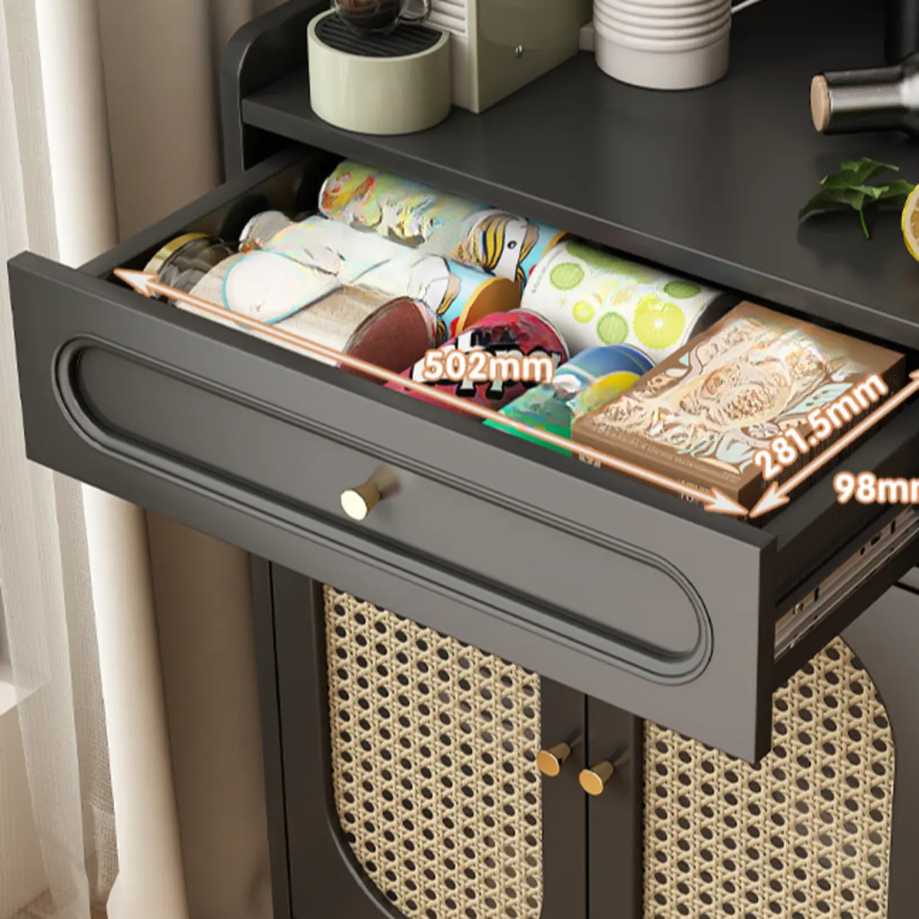 Black Rattan Kitchen Storage Sideboard with Drawers Image - 17 | homeyfad