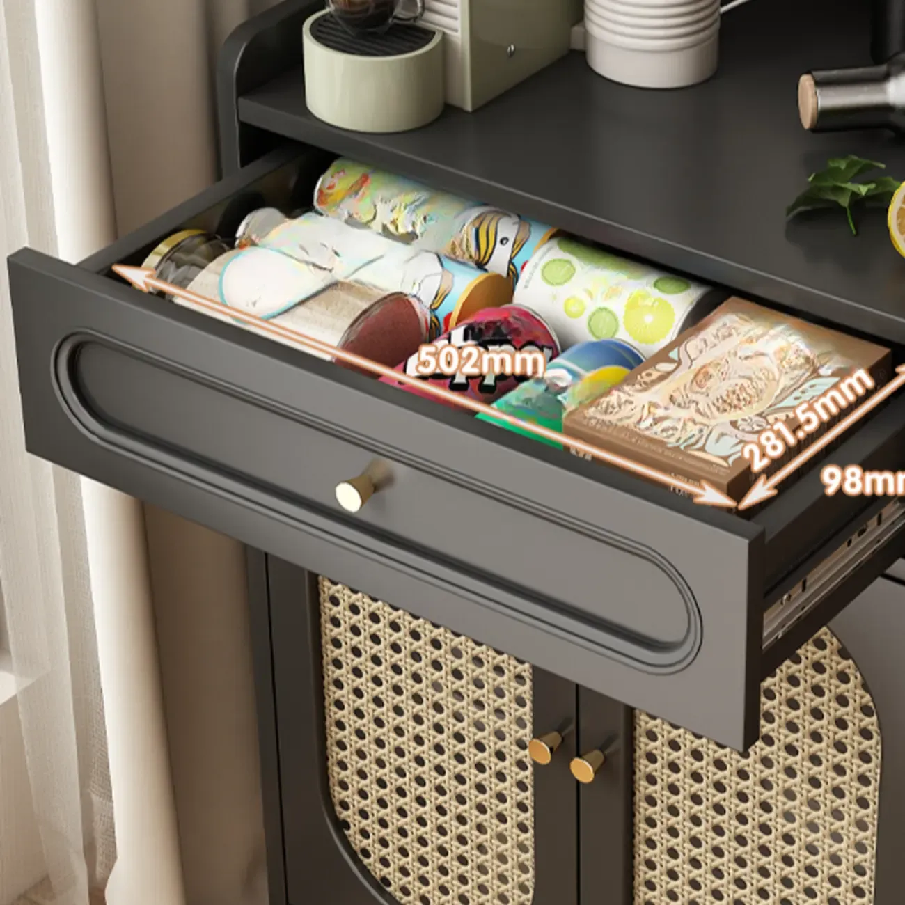 Black Rattan Kitchen Storage Sideboard with Drawers Image - 17