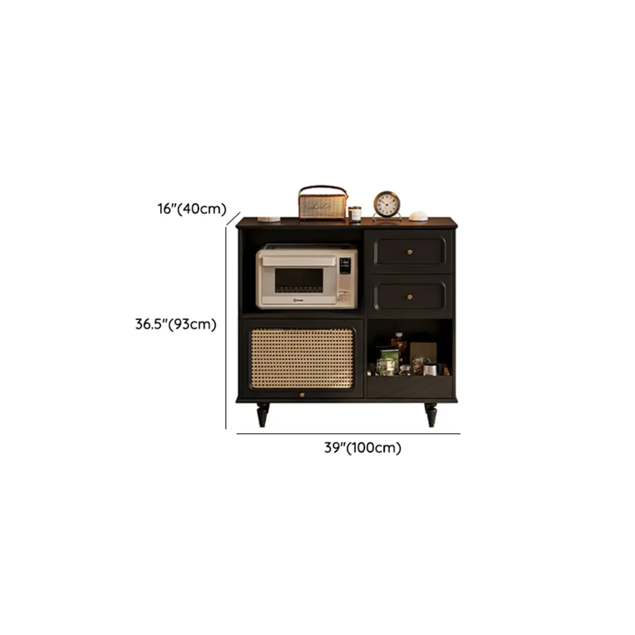 Black Rattan Kitchen Storage Sideboard with Drawers #size