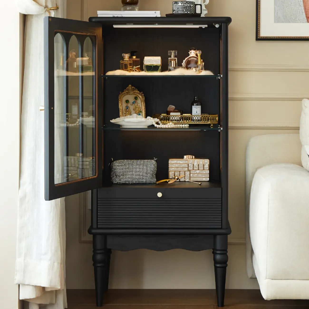 Nodic Wooden Glass Door Floor China Cabinet with Drawer Image - 1