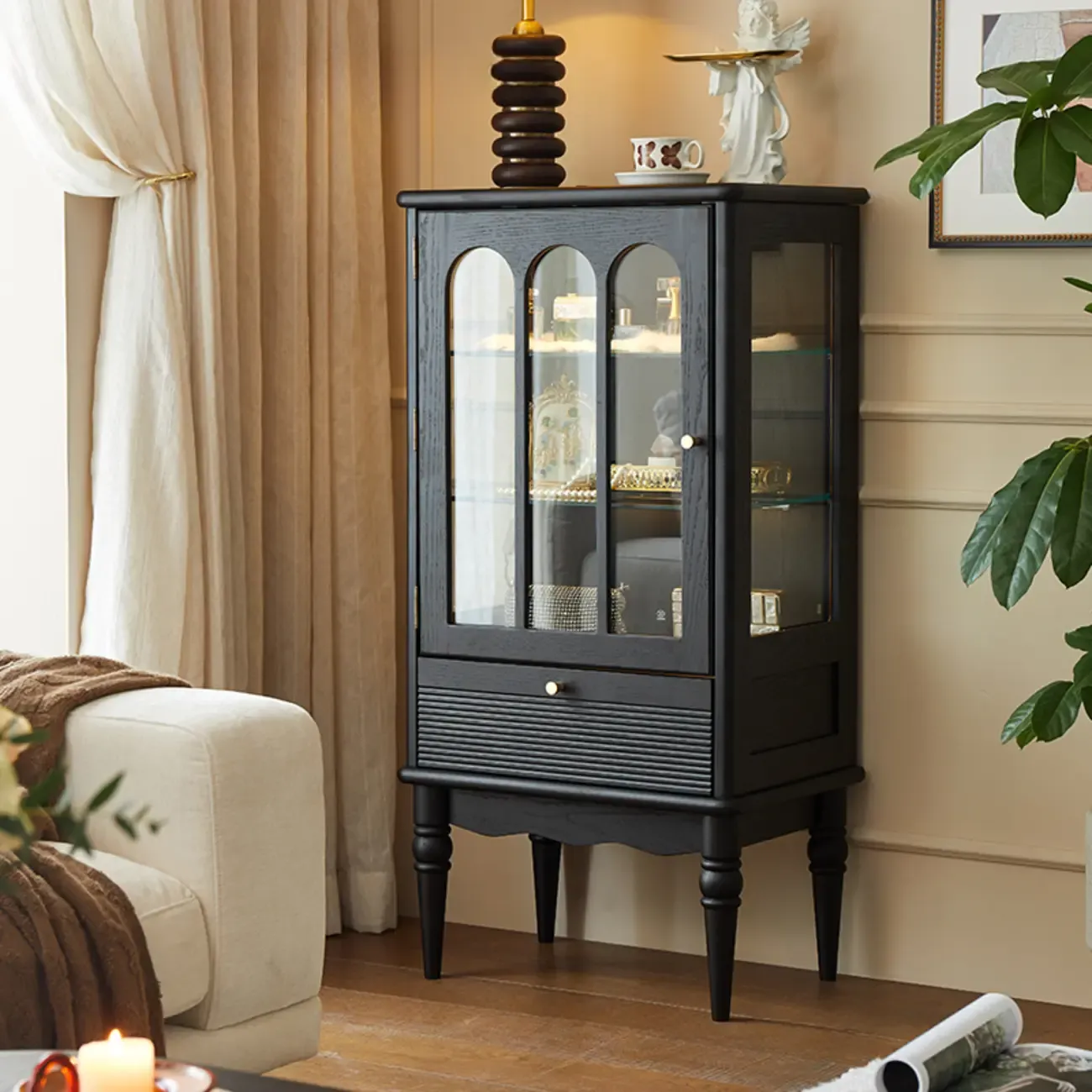 Nodic Wooden Glass Door Floor China Cabinet with Drawer Image - 4