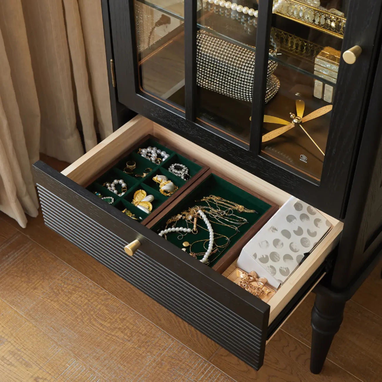 Nodic Wooden Glass Door Floor China Cabinet with Drawer Image - 2 | homeyfad