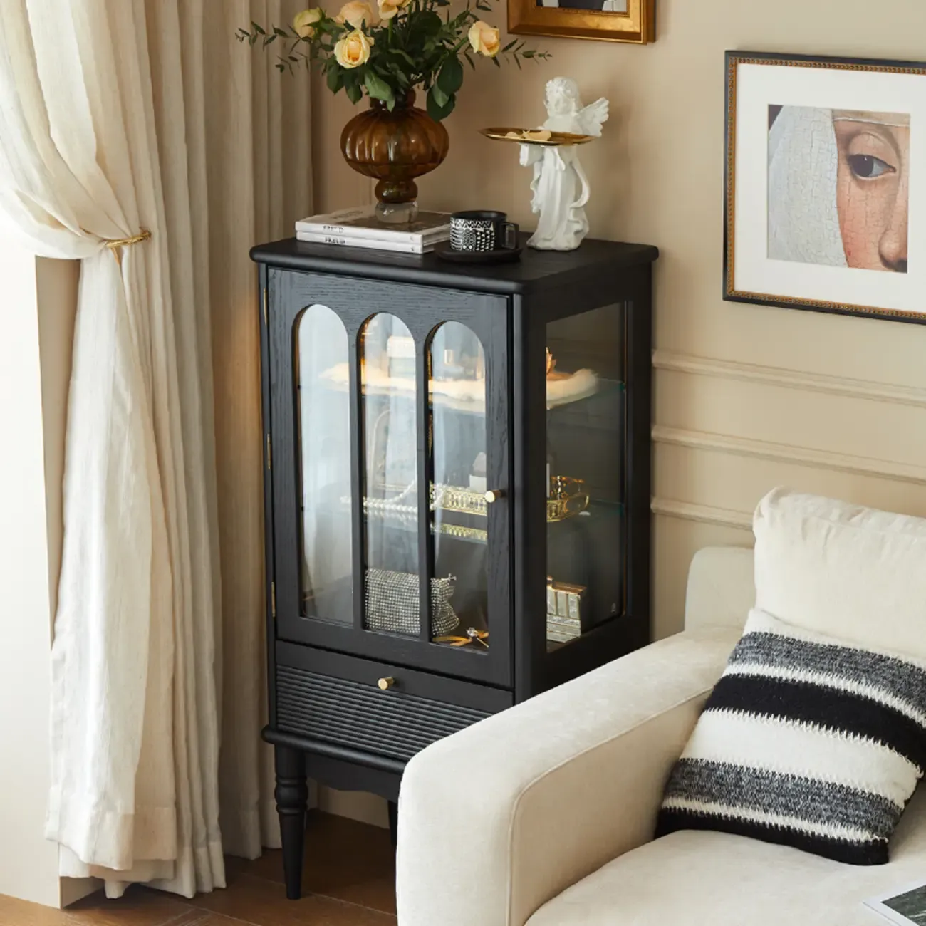 Nodic Wooden Glass Door Floor China Cabinet with Drawer Image - 3