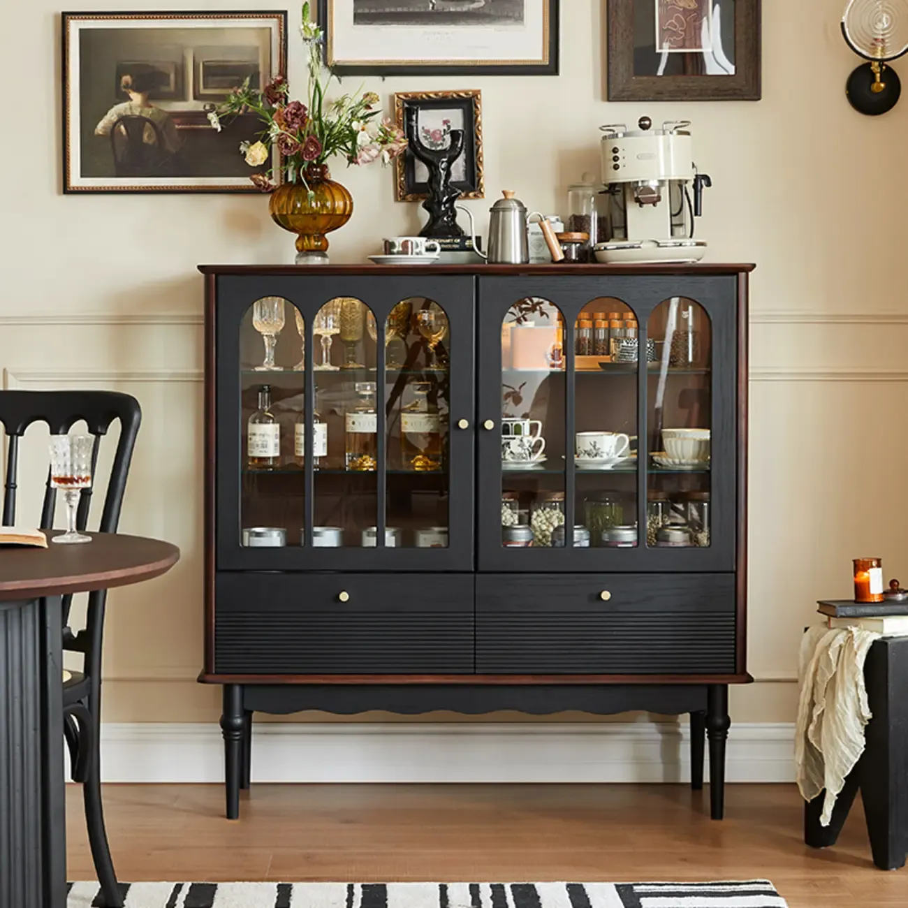 Nodic Wooden Glass Door Floor China Cabinet with Drawer Image - 6