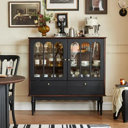 Nodic Wooden Glass Door Floor China Cabinet with Drawer Image - 6