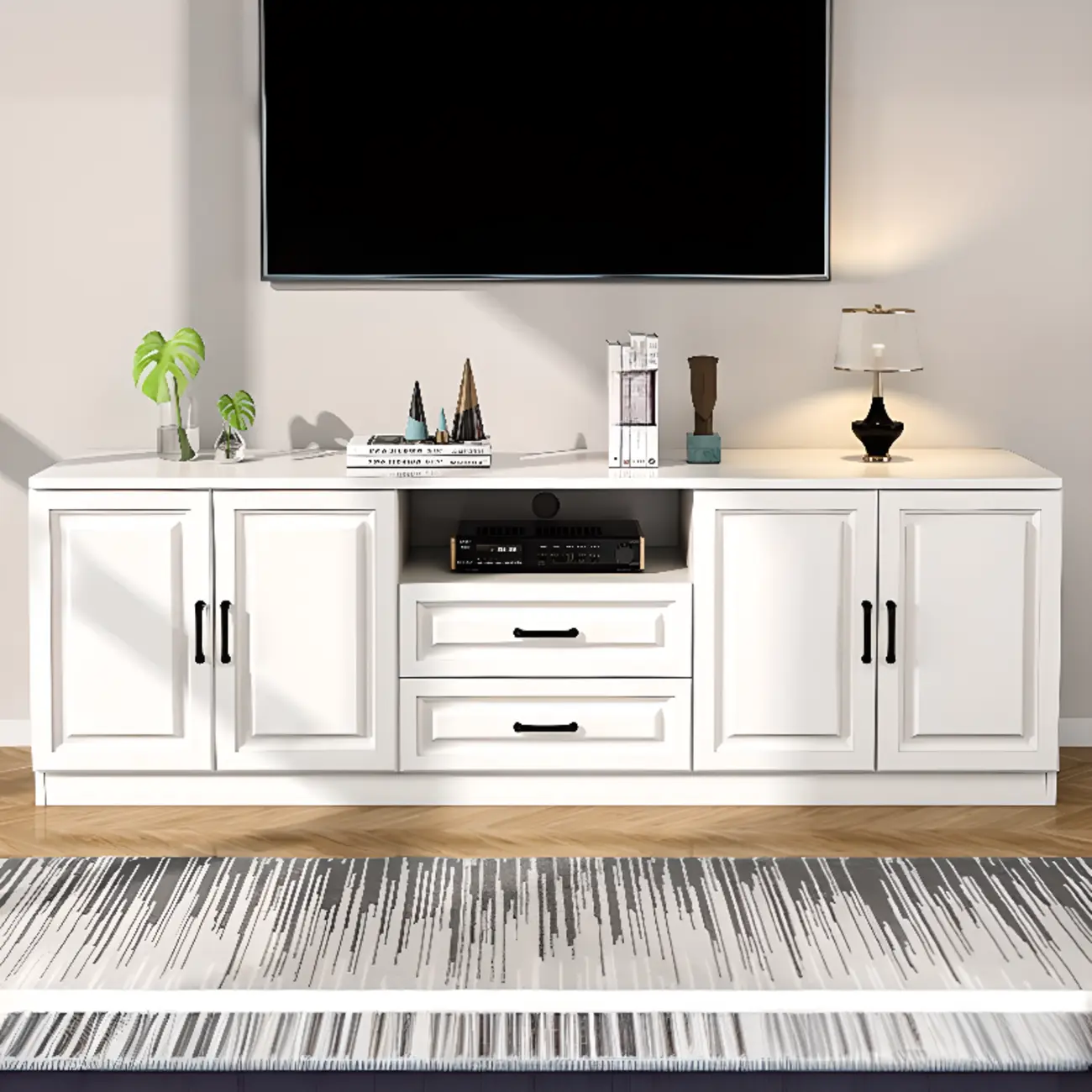 Modern White Wooden TV Stand with Storage and Cable Management | homeyfad