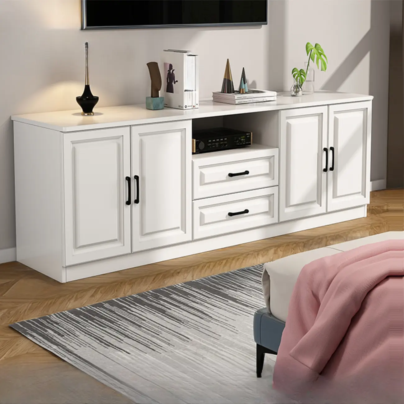 Modern White Wooden TV Stand with Storage and Cable Management | homeyfad