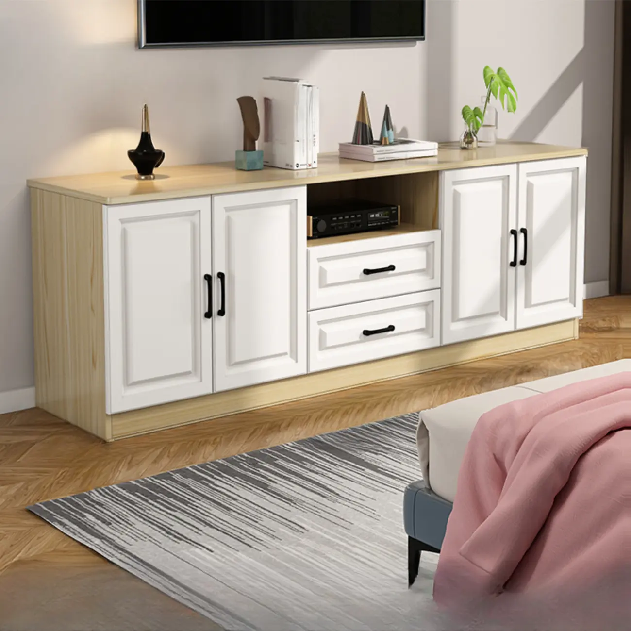 Modern White Wooden TV Stand with Storage and Cable Management | homeyfad