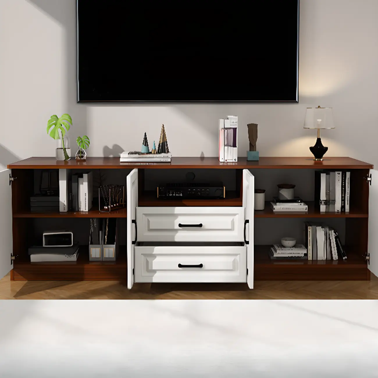 Modern White Wooden TV Stand with Storage and Cable Management | homeyfad