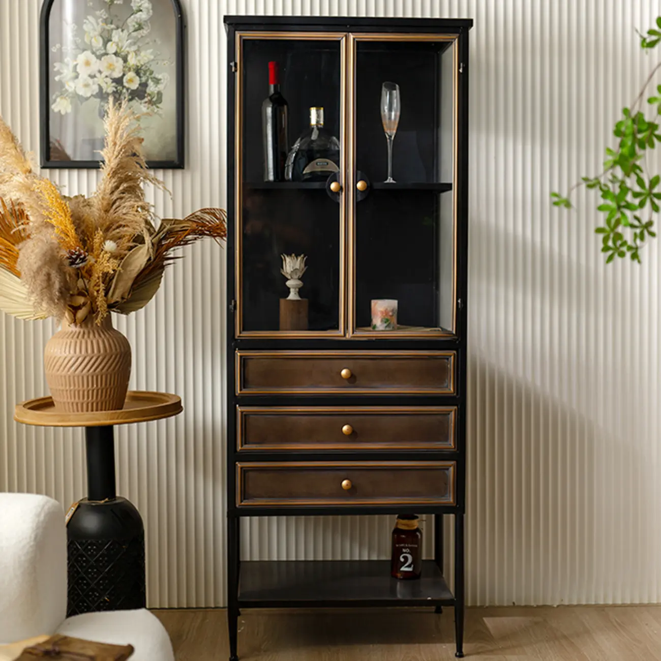 Vintage 3-Drawer Wood Freestanding Wine Cabinet with Doors Image - 1 | homeyfad