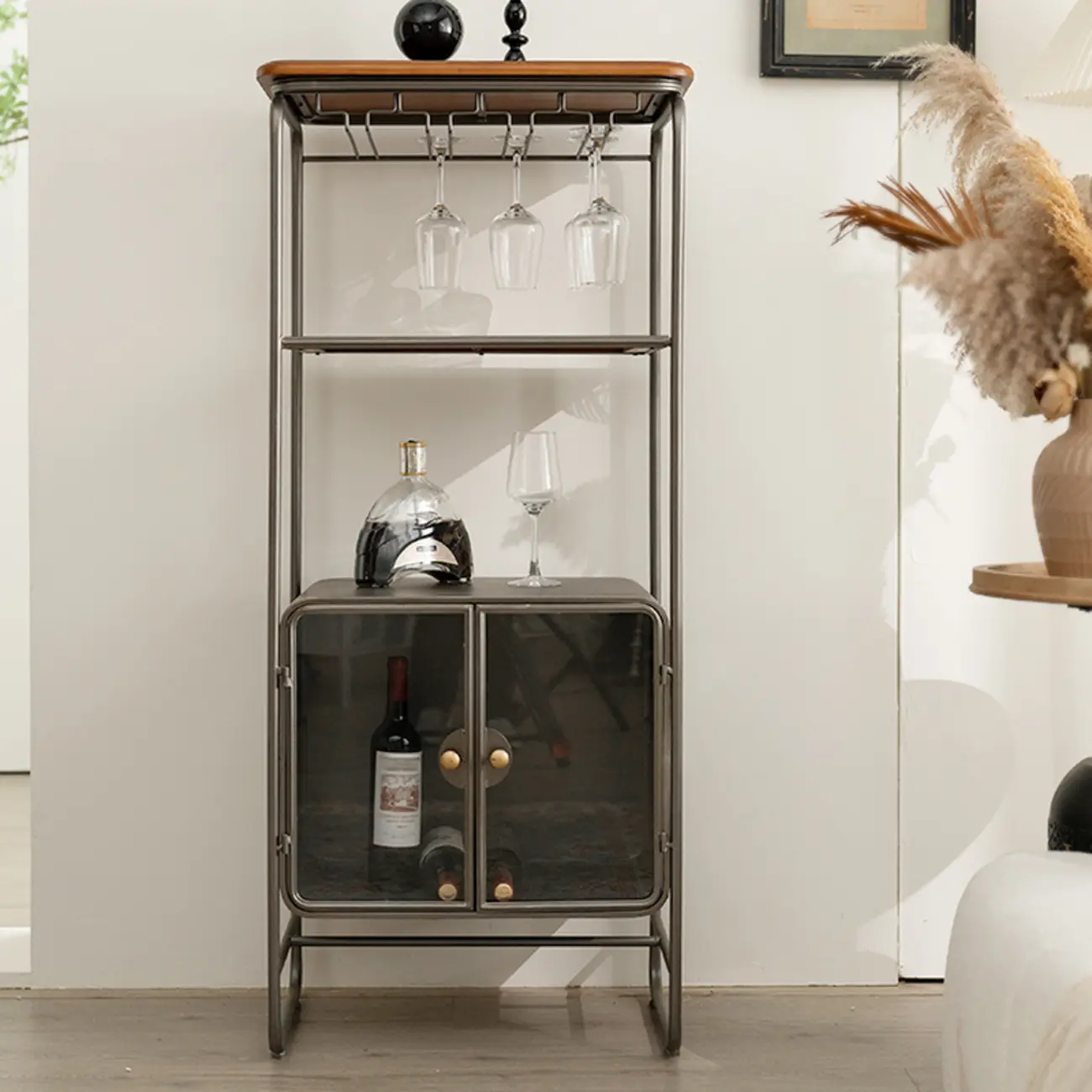 Vintage 3-Drawer Wood Freestanding Wine Cabinet with Doors Image - 4 | homeyfad