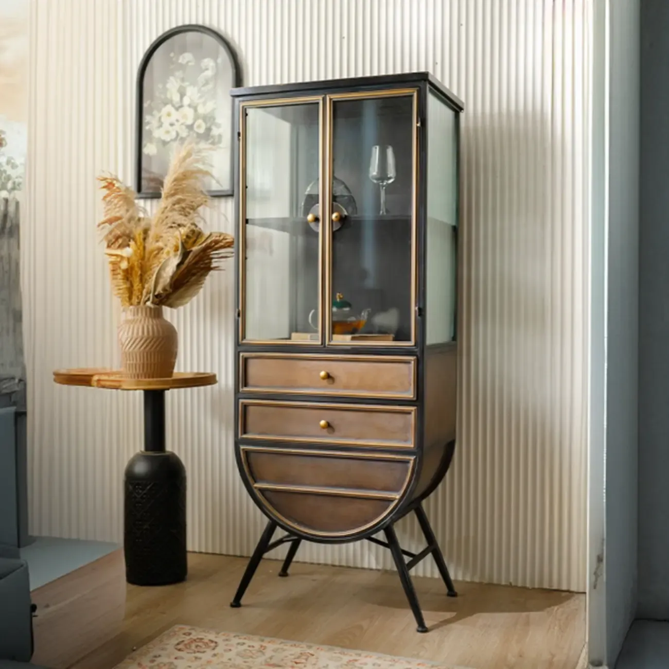 Vintage 3-Drawer Wood Freestanding Wine Cabinet with Doors Image - 3