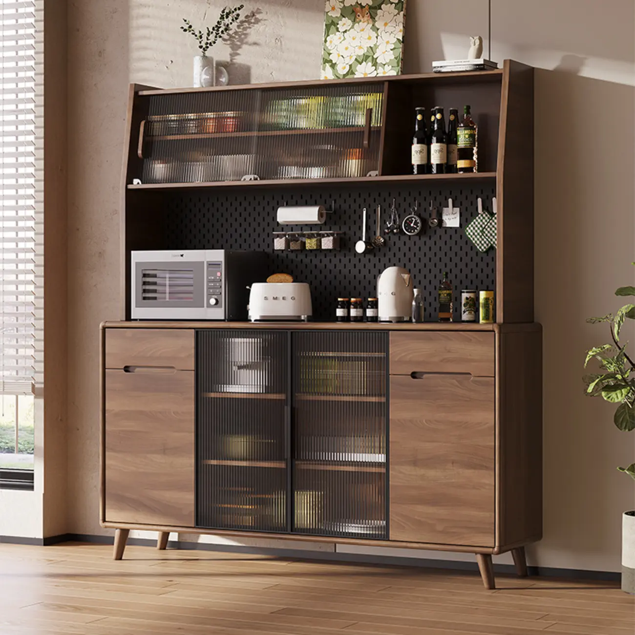 Kitchen Brown Wooden Hutch Top Sideboards with Pegboard Back Image - 1 | homeyfad