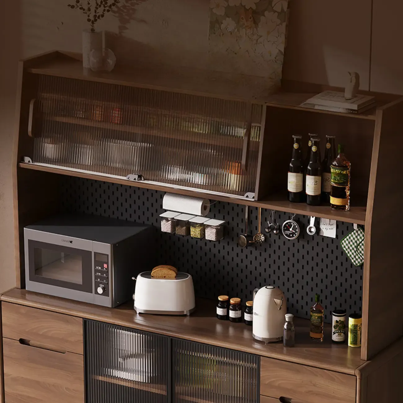 Kitchen Brown Wooden Hutch Top Sideboards with Pegboard Back Image - 4