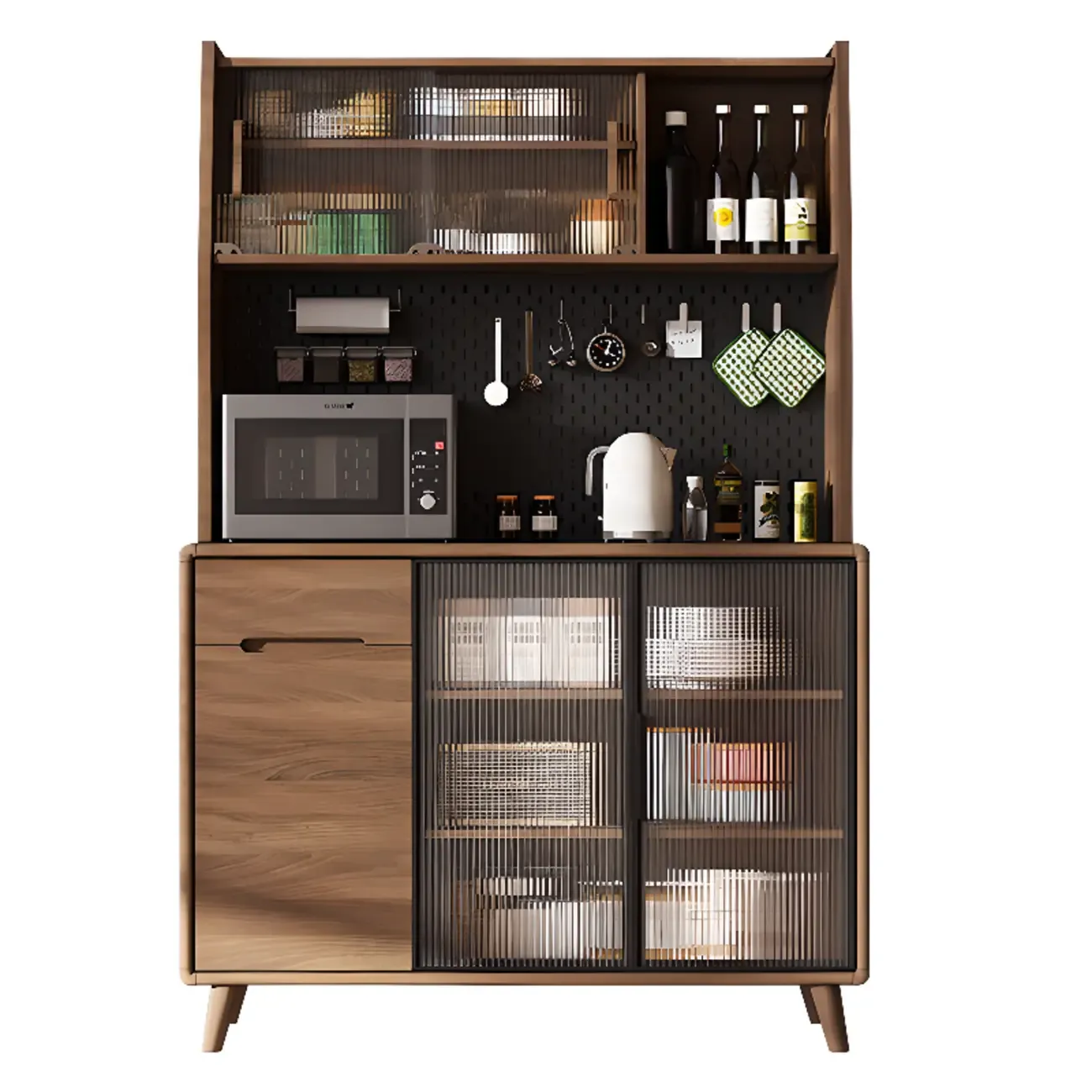 Kitchen Brown Wooden Hutch Top Sideboards with Pegboard Back | HomeyFad