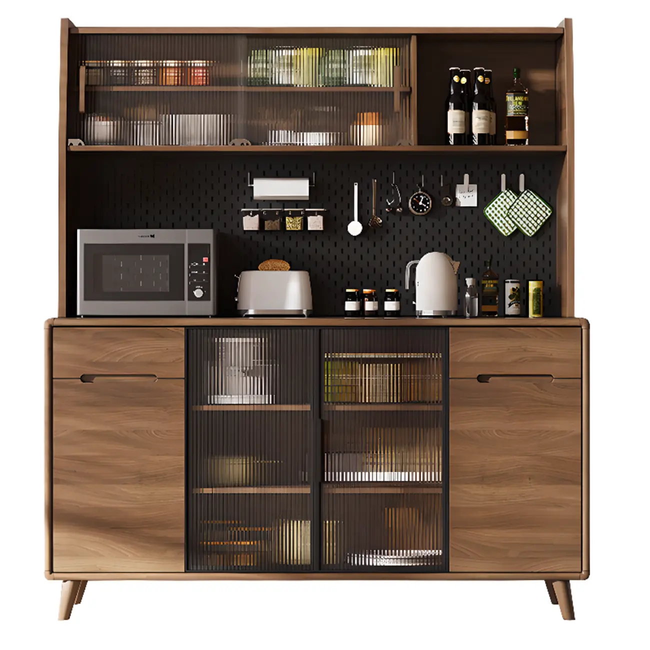 Kitchen Brown Wooden Hutch Top Sideboards with Pegboard Back Image - 17 | homeyfad