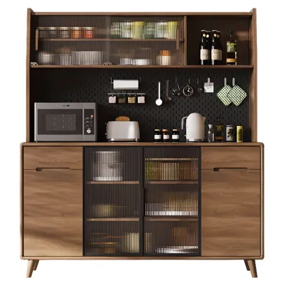 Kitchen Brown Wooden Hutch Top Sideboards with Pegboard Back Image - 17