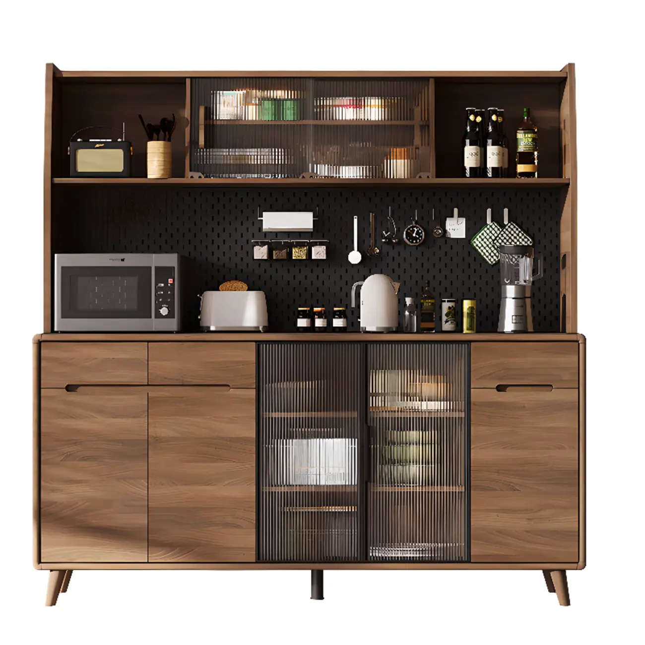 Kitchen Brown Wooden Hutch Top Sideboards with Pegboard Back Image - 20 | homeyfad