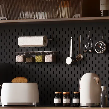 Kitchen Brown Wooden Hutch Top Sideboards with Pegboard Back Image - 6